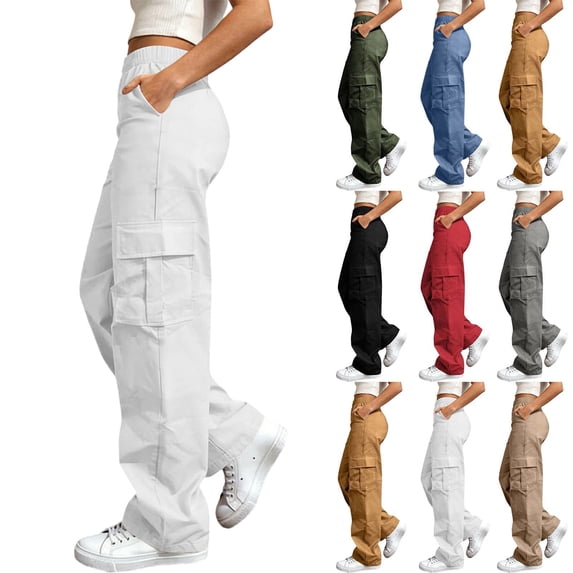 Straight Leg Pants for Women Solid Color Cargo Trousers With Pockets Weekend City Walk