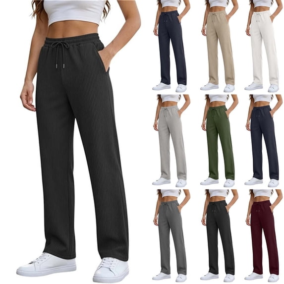 Straight Leg Pants for Women Solid Color Chunky Ribbed Elastic Waist with Pocket Sports Trousers Soft Skin-Friendly Everyday Wear
