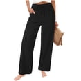 thumbnail image 1 of Straight Leg Pants for Women Summer Linen Solid Color Drawstring Elastic Waist Loose Straight Leg Pants with Pockets, 1 of 8