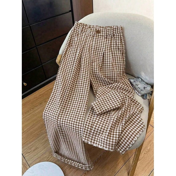 Straight Leg Plaid Print Pants, Elastic Waist With Pockets, Suitable For Office, Business, Vacation, Casual, Daily Wear, School, Travel, New Arrival