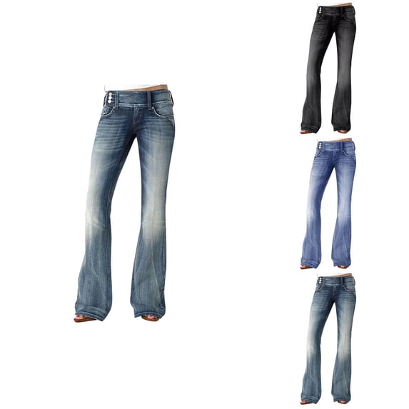 Straight Leg Ripped Jeans for Women Mid/Low Waisted Stretchy Distressed Denim Pants, Baggy Casual Fall Trousers