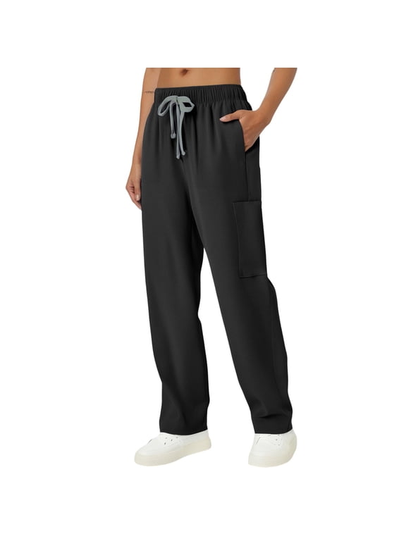 Straight Leg Scrub Pants Women Drawstring Soft Stretch Anti-Wrinkle Bottoms with 4 Pockets Black M 27"