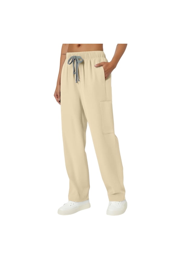 Straight Leg Scrub Pants for Women with Pockets & Drawstring Women's Scrub Pants, Mid-Rise Straight Fit Cargo Pants Beige 2XL
