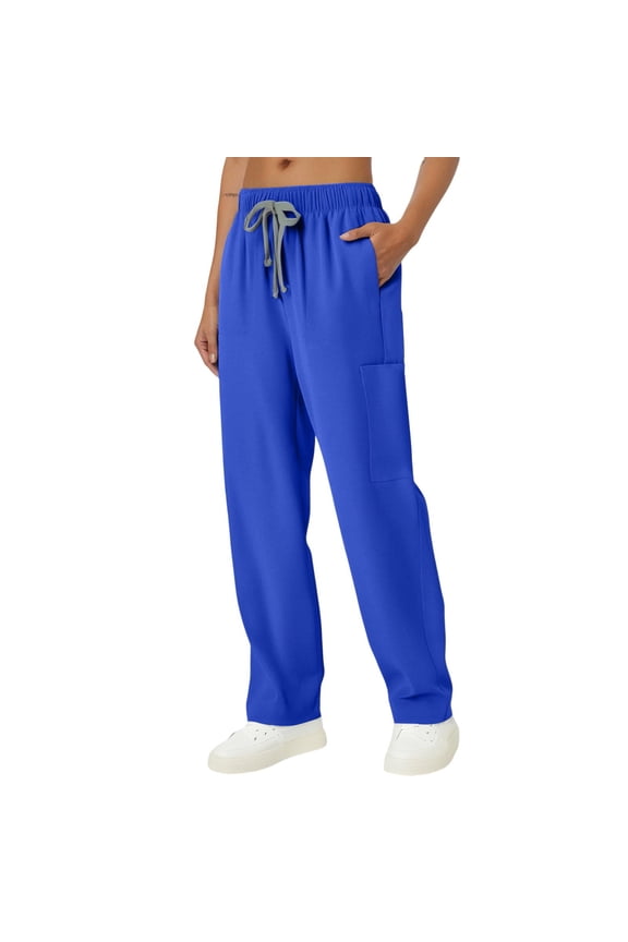 Straight Leg Scrub Pants for Women with Pockets & Drawstring Women's Scrub Pants, Mid-Rise Straight Fit Cargo Pants Blue M
