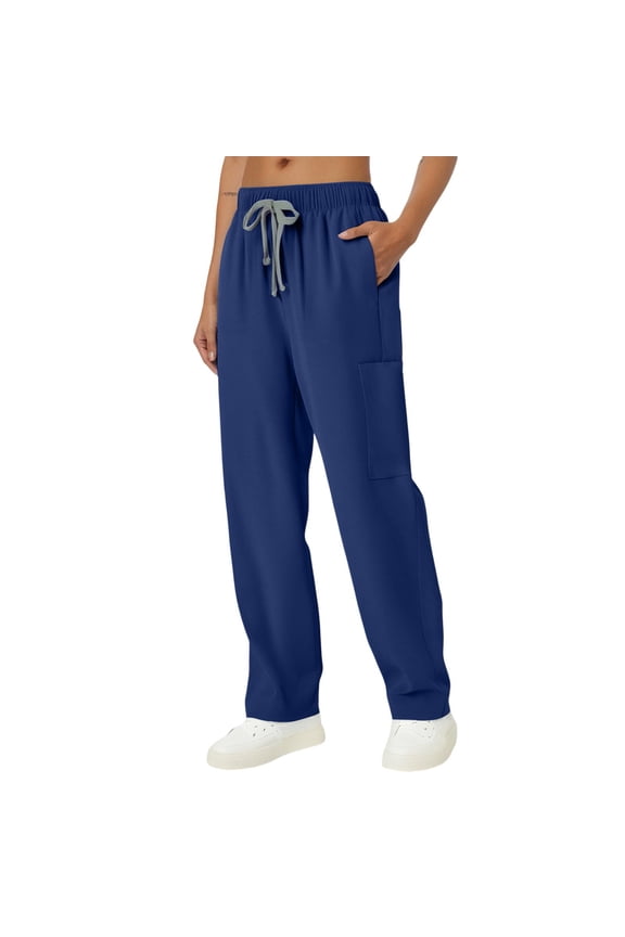 Straight Leg Scrub Pants for Women with Pockets & Drawstring Women's Scrub Pants, Mid-Rise Straight Fit Cargo Pants Dark Blue S