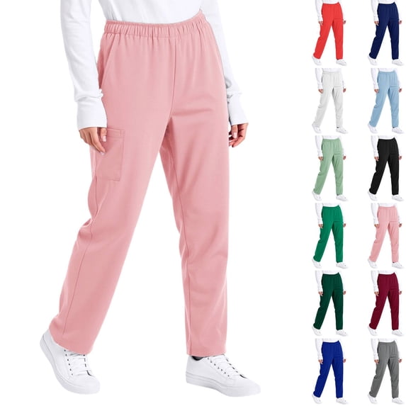 Straight Leg Scrub Pants for Women with Pockets Scrub Pants Mid Rise Straight Fit Cargo Pants Soft Stretch Summer Pants Pink M
