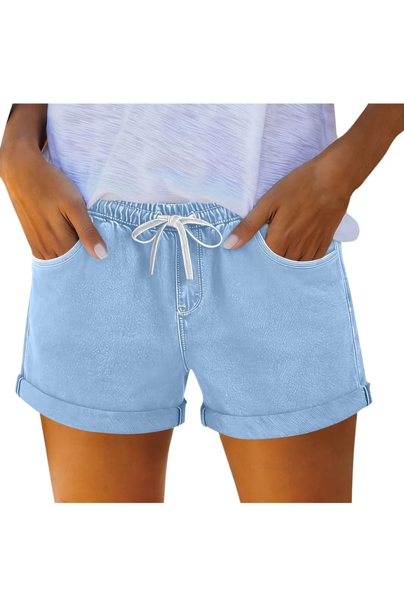 Straight Leg Shorts For Women Drawstring Elastic Waist Cuffed Hem Trendy Shorts with Pockets Casual Workout Summer Clothes Light Blue