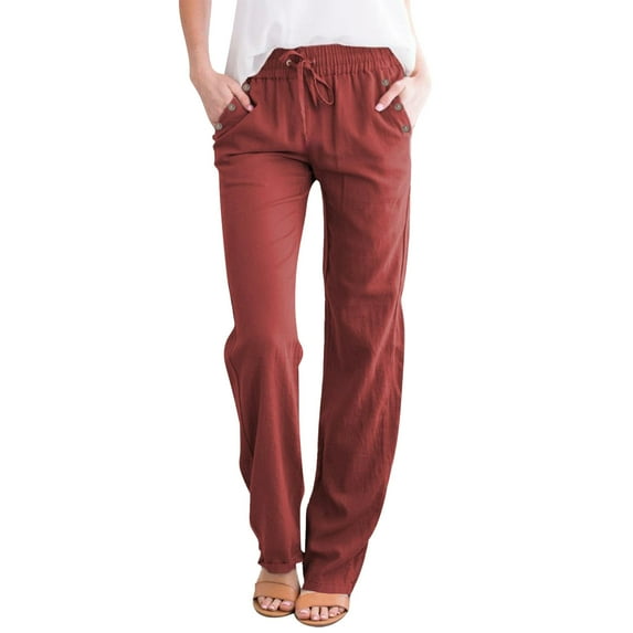 Straight Leg Sweatpants Women Linen Pants Women Drawstring Button Casual Wide Leg Long Pants Solid Sweat Pants Women Red L