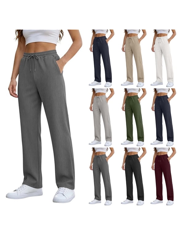 Straight Leg Sweatpants for Women, Elastic Waist Solid Casual Pants with Drawstring and Side Pockets, Active & Casual Wear | VerBelle,Army Green L