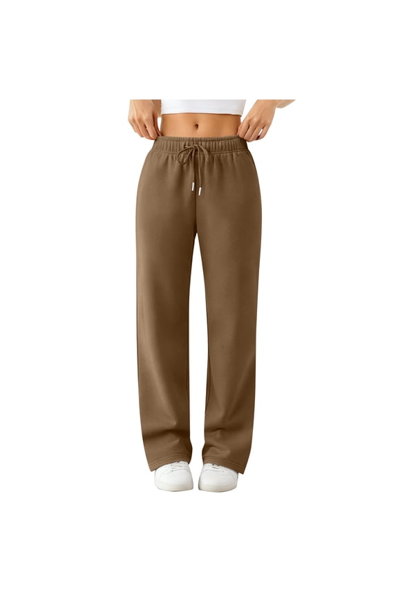 Straight Leg Sweatpants for Women Wide Leg Warm Fleece Sweatpants with Pockets Casual Cute High Waisted Winter Pants Light Brown M