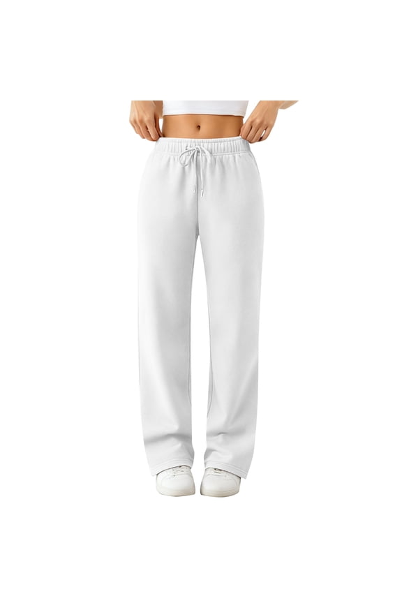Straight Leg Sweatpants for Women Wide Leg Warm Fleece Sweatpants with Pockets Casual Cute High Waisted Winter Pants White 2XL