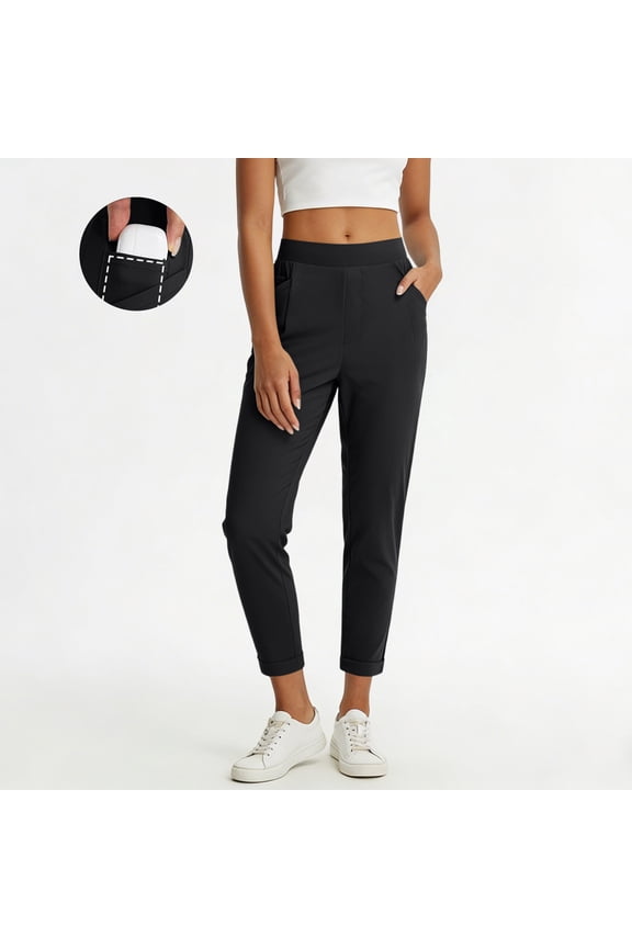 Straight Leg Tapered Trousers for Women High Rise Elastic Back Slacks Soft Dress Pants Cuffed Hem Business Casual Office Workwear