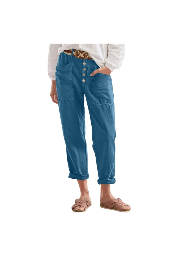 Straight Leg Trousers for Women Linen High Waisted Button Down Long Pants Lightweight Work Pants with Pockets
