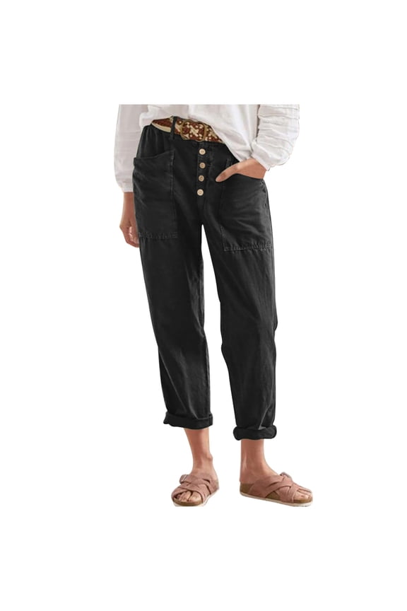 Straight Leg Trousers for Women Linen High Waisted Button Down Long Pants Lightweight Work Pants with Pockets