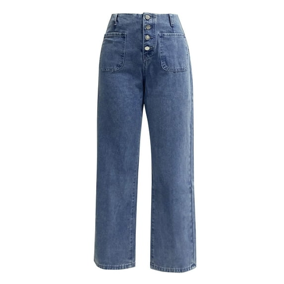 Straight Leg Wash Jeans for Women High Waist Buckle Denim Pants Solid Color Loose Stretchy Trousers with Pockets