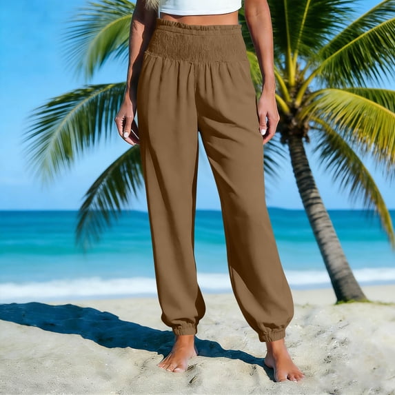 Straight Leg Yoga Pants for Women New Women's Summer Linen Solid Color Drawstring Elastic Waist Loose Straight Leg Pants with Side Pockets Style B-23 Coffee L