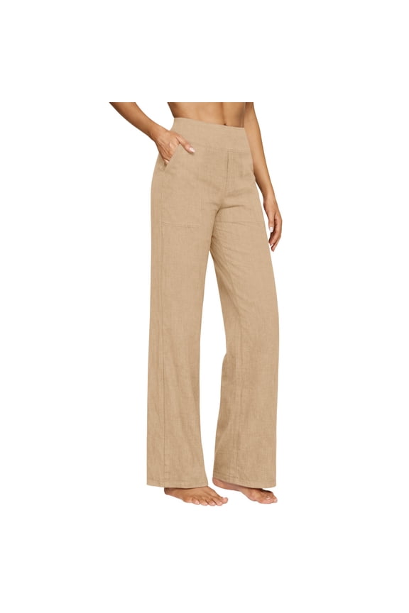 Straight Leg Yoga Pants for Women Cotton Linen High Waist Button Up Wide Leg Yoga Pants