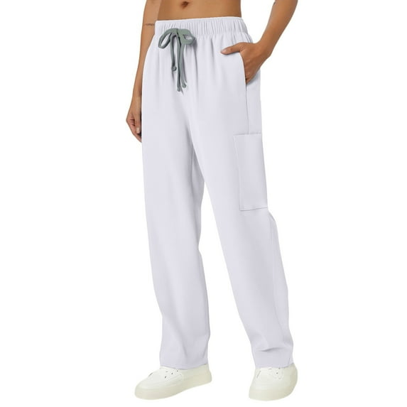 Women's Scrub Pants Mid Rise Straight Leg Pull-on Cargo Pant with 4 Pockets & 4 Way Stretch Fabric White 2XL