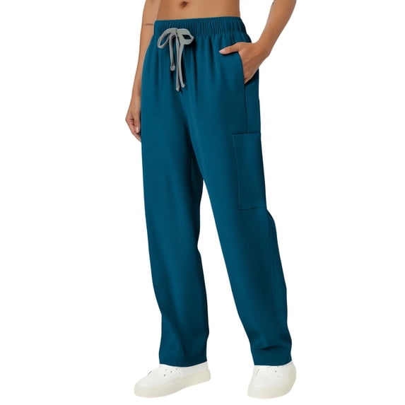 Women's Scrub Pants Mid Rise Straight Leg Pull-on Cargo Pant with 4 Pockets & 4 Way Stretch Fabric Navy L