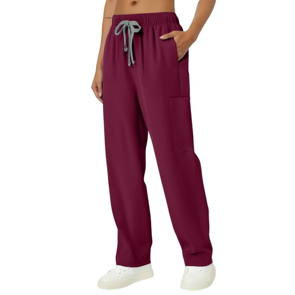Women's Scrub Pants Mid Rise Straight Leg Pull-on Cargo Pant with 4 Pockets & 4 Way Stretch Fabric Wine M