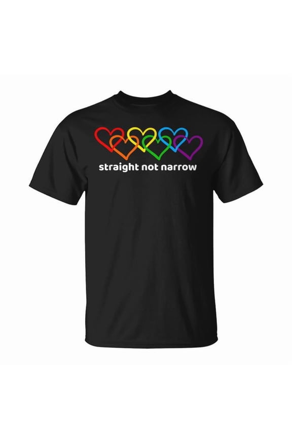 Straight Not Narrow Heart Chain Graphic Tee Unisex Adult Cotton Casual LGBTQ+ Ally Pride Gift, Size S, Color Black