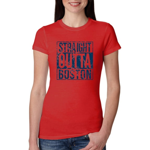 Straight Outta Boston BOS Fan | Fantasy Baseball Fans | Womens Sports Slim Fit Junior Tee, Red, Large
