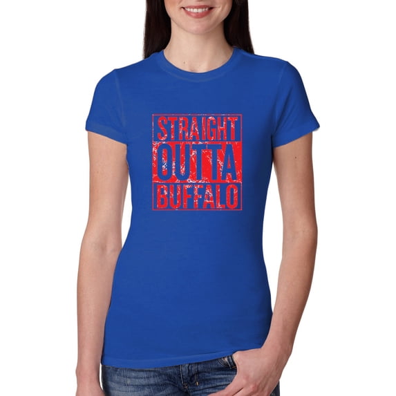 Straight Outta Buffalo BUF Fan | Fantasy Football | Womens Sports Slim Fit Junior Tee, Royal, Medium