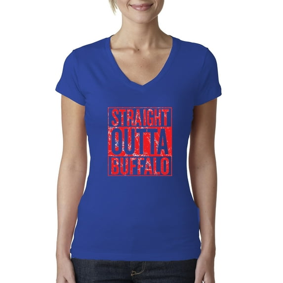 Straight Outta Buffalo BUF Fan | Fantasy Football | Womens Sports Slim Fit Junior V-Neck Tee, Royal, 2XL