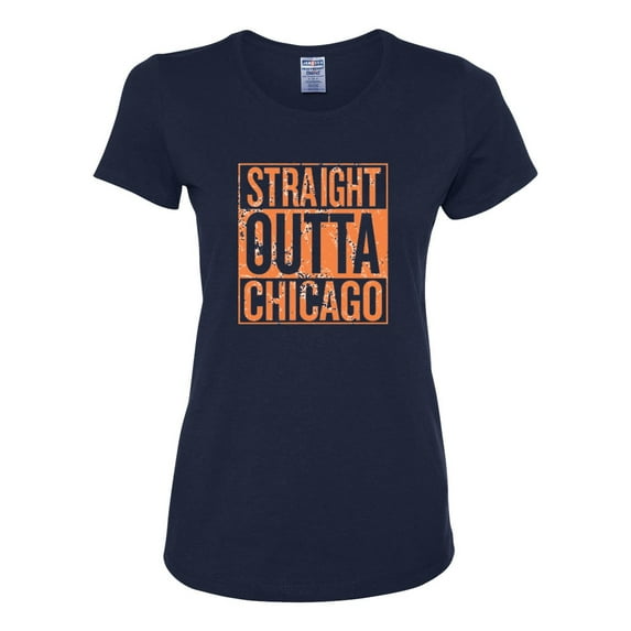 Straight Outta Chicago CHI Fan | Fantasy Football | Womens Sports Graphic T-Shirt, Navy, Medium