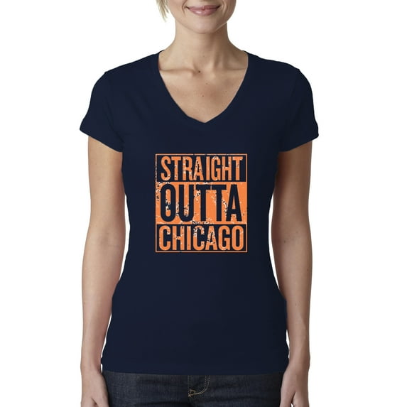 Straight Outta Chicago CHI Fan | Fantasy Football | Womens Sports Slim Fit Junior V-Neck Tee, Navy, 2XL