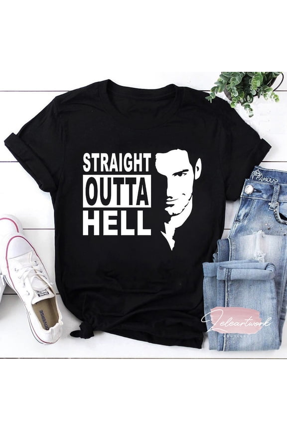 Straight Outta Hell Funny Devil Graphic Tee Retro Supernatural Top,for unisex up to 5XL