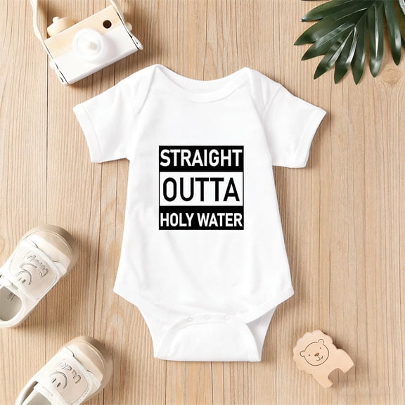 “Straight Outta Holy Water” Baptism Bodysuit | Cute Christening Outfit for Baby Boy & Girl 0-24M | Unique Church Ceremony Gift, Newborn Romper,White