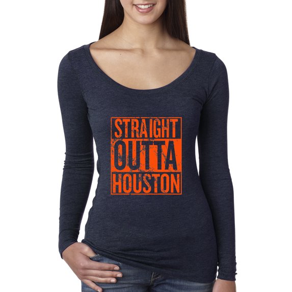 Straight Outta Houston HOU Fan | Fantasy Baseball Fans | Womens Sports Scoop Long Sleeve Top, Vintage Navy, Large