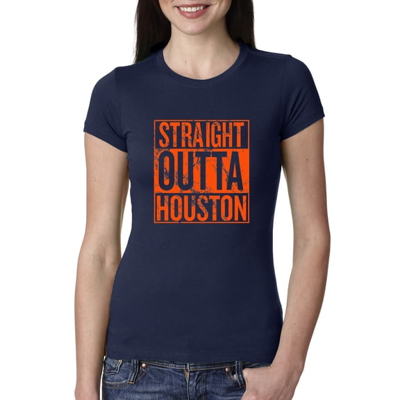 Straight Outta Houston HOU Fan | Fantasy Baseball Fans | Womens Sports Slim Fit Junior Tee, Navy, Medium