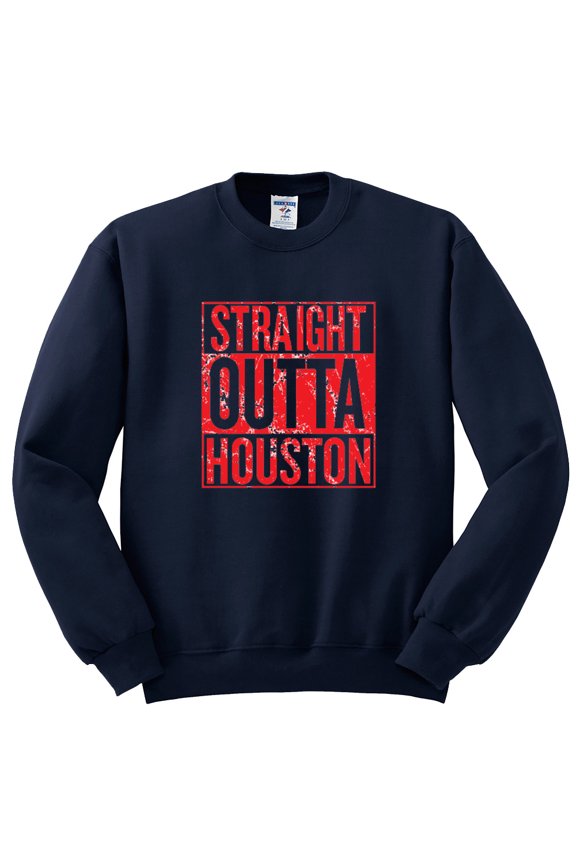 Straight Outta Houston HOU Fan | Fantasy Football | Mens Sports Crewneck Graphic Sweatshirt, Navy, Small