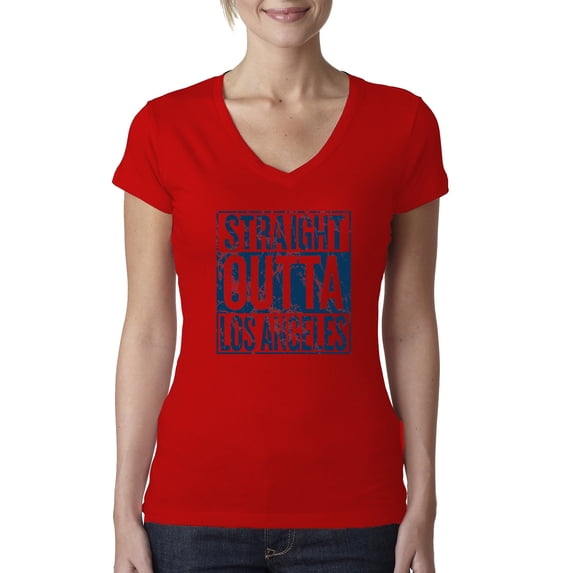 Straight Outta Los Angeles LA Fan | Fantasy Baseball Fans | Womens Sports Slim Fit Junior V-Neck Tee, Red, Small