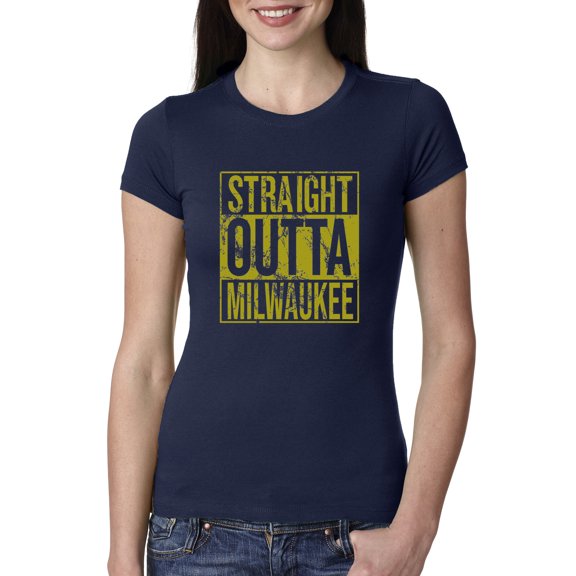 Straight Outta Milwaukee MIL Fan | Fantasy Baseball Fans | Womens Sports Slim Fit Junior Tee, Navy, 2XL