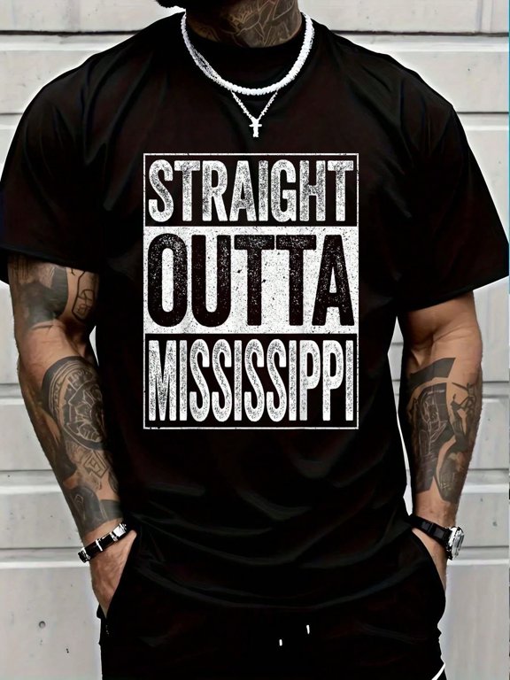 Straight Outta Mississippi MS State Shirt Men's Cotton Crew Neck Graphic Tee Casual Short Sleeve Solid T-Shirt