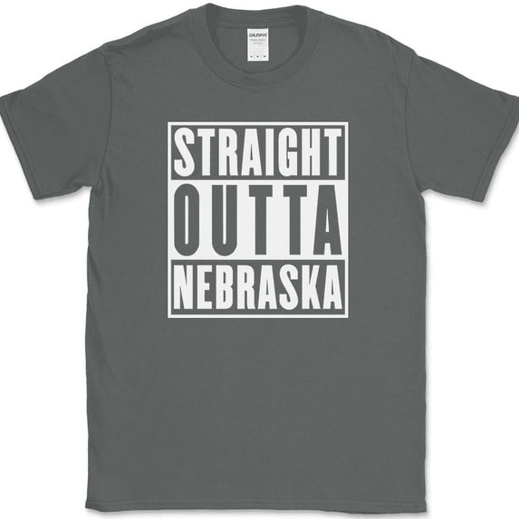 Straight Outta Nebraska T-Shirt Funny State Humor Gift Novelty Text Tee - Charcoal, XL