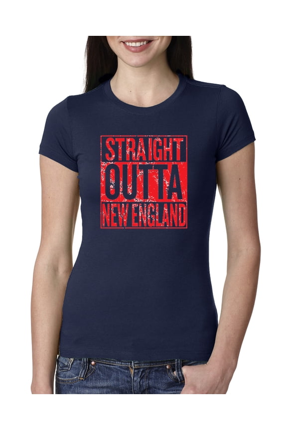 Straight Outta New England NE Fan | Fantasy Footbal | Womens Sports Slim Fit Junior Tee, Navy, Small