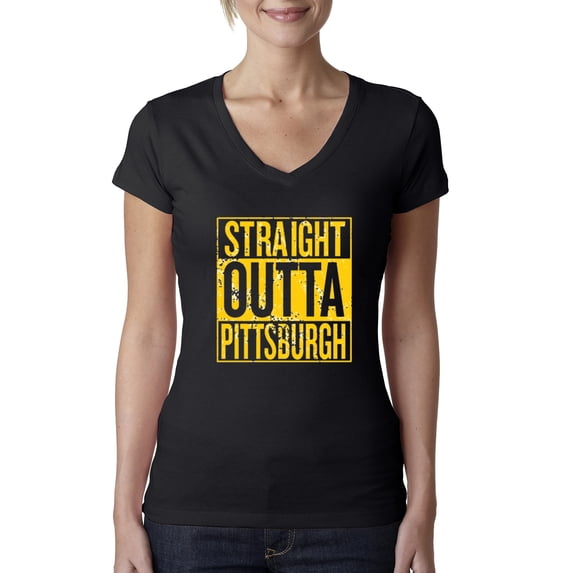 Straight Outta Pittsburgh Pit Fan | Fantasy Football | Womens Sports Slim Fit Junior V-Neck Tee, Black, X-Large