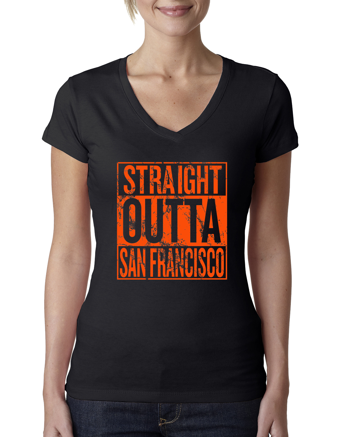 Straight Outta San Francisco SF Fan | Fantasy Baseball Fans | Womens Sports Slim Fit Junior V-Neck Tee, Black, Small - image 1 of 4