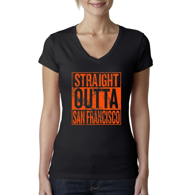 Straight Outta San Francisco SF Fan | Fantasy Baseball Fans | Womens Sports Slim Fit Junior V-Neck Tee, Black, Small