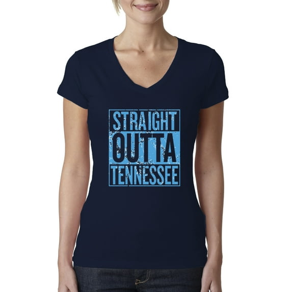 Straight Outta Tennessee Ten Fan | Fantasy Football | Womens Sports Slim Fit Junior V-Neck Tee, Navy, Small