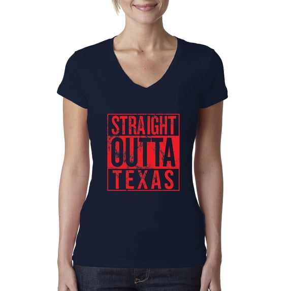 Straight Outta Texas TEX Fan | Fantasy Baseball Fans | Womens Sports Slim Fit Junior V-Neck Tee, Navy, Medium