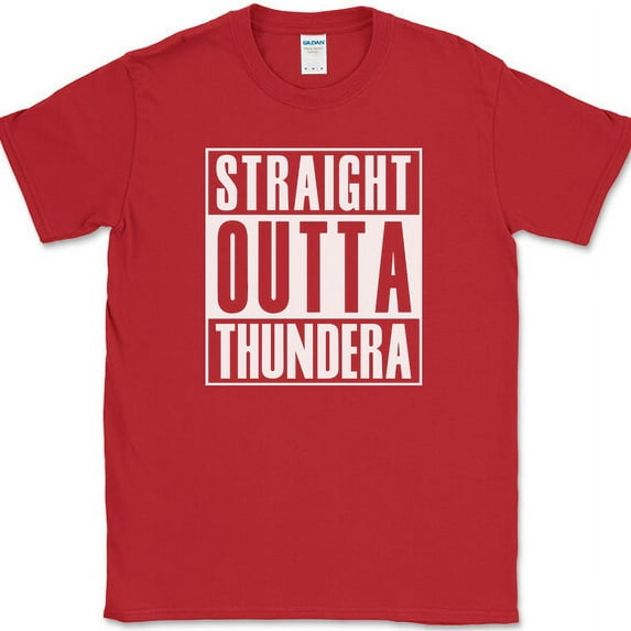Straight Outta Thundera T-Shirt Funny TV Show Cats Humor Text Tee - Red, L