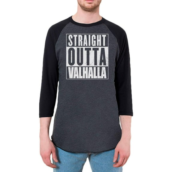 Straight Outta Valhalla Viking Valkyrie Mens Raglan T Shirt Heather Black-Black SM