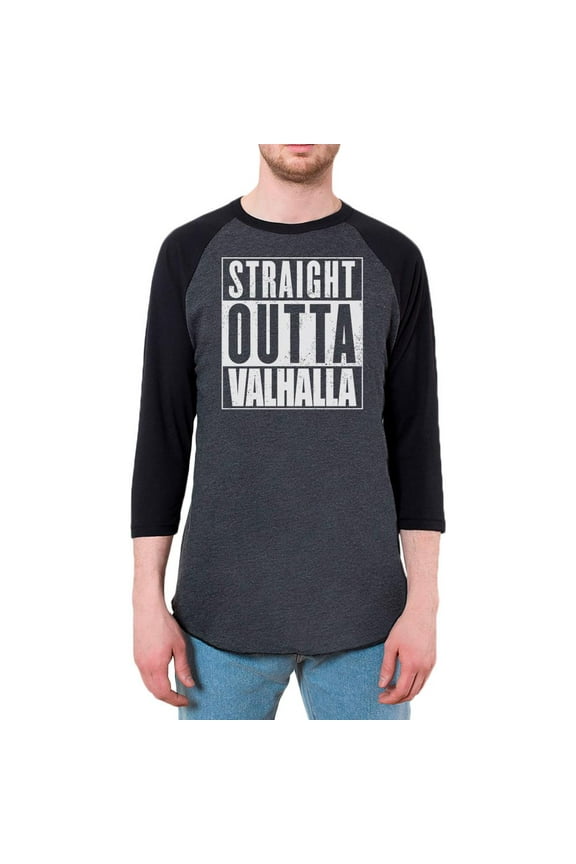 Straight Outta Valhalla Viking Valkyrie Mens Raglan T Shirt Heather Black-Black SM