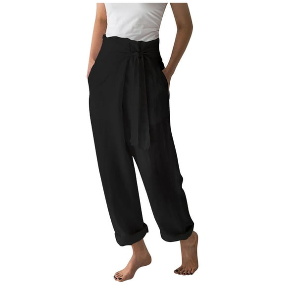 Straight Pants for Women Cotton Linen Wide Leg Trousers with Pockets Solid Color Tie Waist Front Pleated Ankle Pants