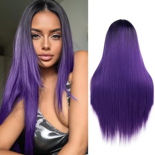 Straight Purple Wigs for Women Long Dark Purple Hair Wig Ombre Black to Purple Middle Part Colored Wigs for  26 Inch Heat Resisting Synthetic Hair